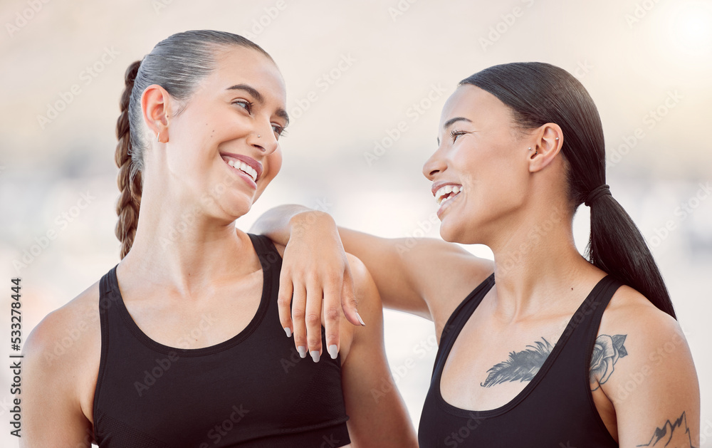 Sports, fitness and couple women or personal trainer and client for support, motivation and teamwork at outdoor morning exercise with lens flare. Athlete people friends in workout training together Sports, fitness and couple women or personal trainer and client for support, motivation and teamwork at outdoor morning exercise with lens flare. Athlete people friends in workout training together