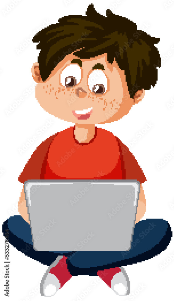 A boy using laptop cartoon character A boy using laptop cartoon character