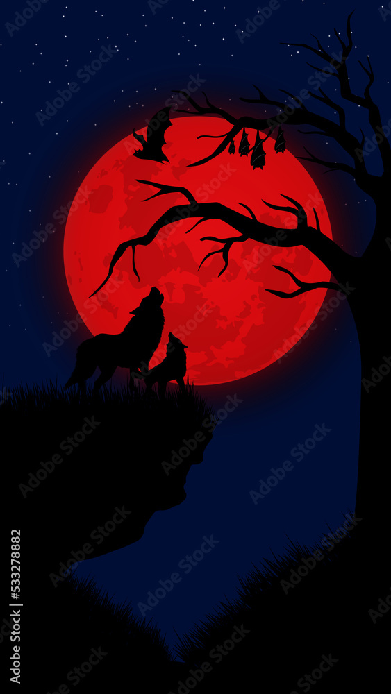 Illustration vector graphic of two howling wolves in the middle of blood moon moment. It perfect for use as wallpaper, greeting cards, invitation Halloween's party, ect Illustration vector graphic of two howling wolves in the middle of blood moon moment. It perfect for use as wallpaper, greeting cards, invitation Halloween's party, ect