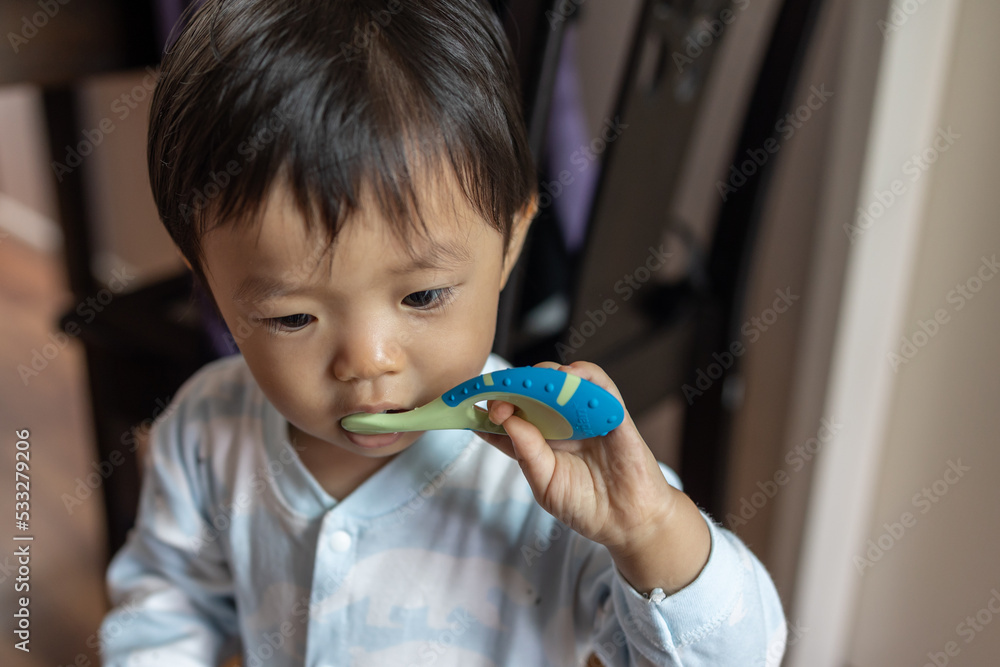 Portrait image of 1-2 years old child happy brush teeth Portrait image of 1-2 years old child happy brush teeth