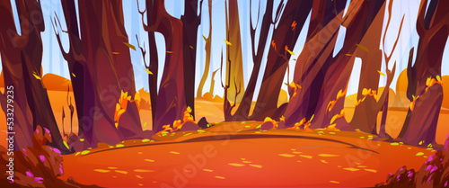 Autumn forest scene with trees and bushes with orange foliage, grass and flowers. Deep woods, garden or park landscape with falling leaves on glade in fall, vector cartoon illustration