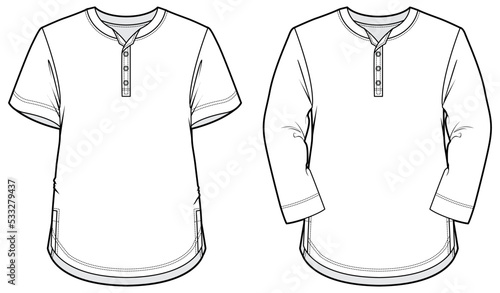 mens henley neck short sleeve and long sleeve t shirt technical drawing flat sketch vector illustration. CAD mockup.