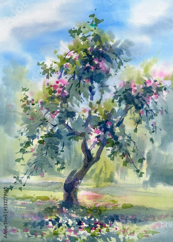 Red apple tree in autumn watercolor landscape