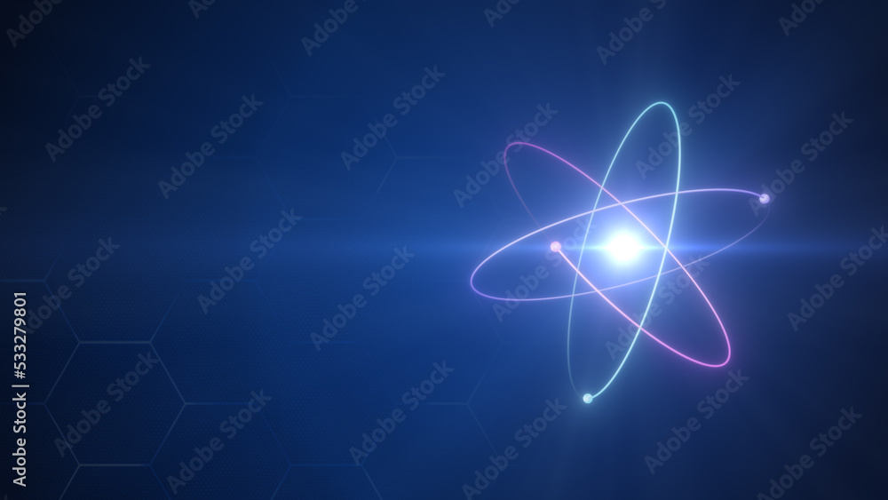 Unstable Atom nucleus with electrons spinning around it technology background	
 - obrazy, fototapety, plakaty 