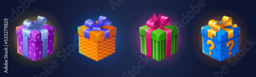 Gift boxes for anniversary, birthday, Christmas, holidays celebration. Present packages with ribbon, bow and colorful pattern. Mystery box with question mark, vector cartoon illustration