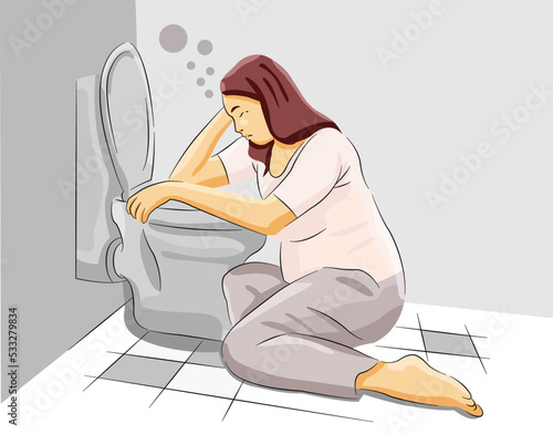 Woman under morning sickness pregnancy vomit in bathroom stomach sick