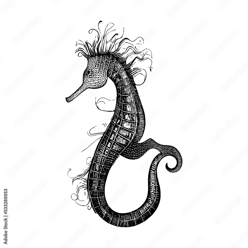 Fototapeta premium Marine seahorse isolated small fish with curved tail and flippers monochrome sketch icon. Vector sea horse small marine fish, aquatic creature mascot, sea-horse underwater animal, Hippocampus drawing