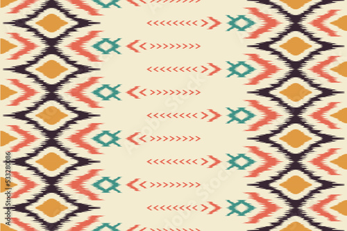 Seamless geometric pattern tribal art ikat ogee in traditional classic black pink yellow blue colors