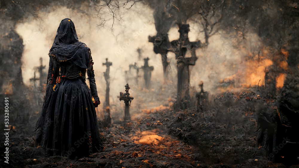 A ghostly figure moving through a misty graveyard in the evening. Spooky concept.Digital art