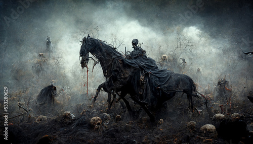 Grim reaper with haunted, creepy graveyard.Digital art photo