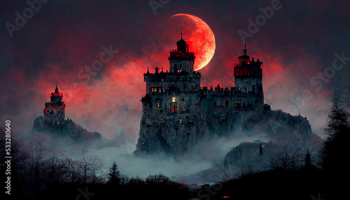 Ghostly castle with crimson sky. Spooky concept.Digital art