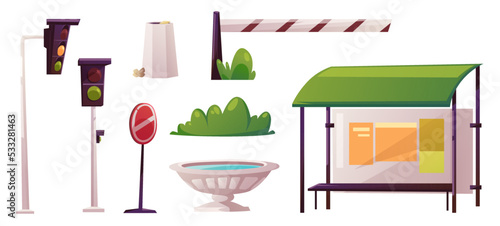 Set of city elements, constructor. Bus stop with ads banners, traffic lights, road sign, barrier, bushes, litter bin and marble vase. Outdoor street urban decor isolated Cartoon vector illustration