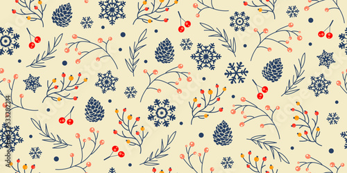 Winter seamless vector Pattern with Snowflakes, berries, branches and fir cones. Part of Christmas backgrounds collection. Can be used for wallpaper, pattern fills, fabric prints, surface textures.