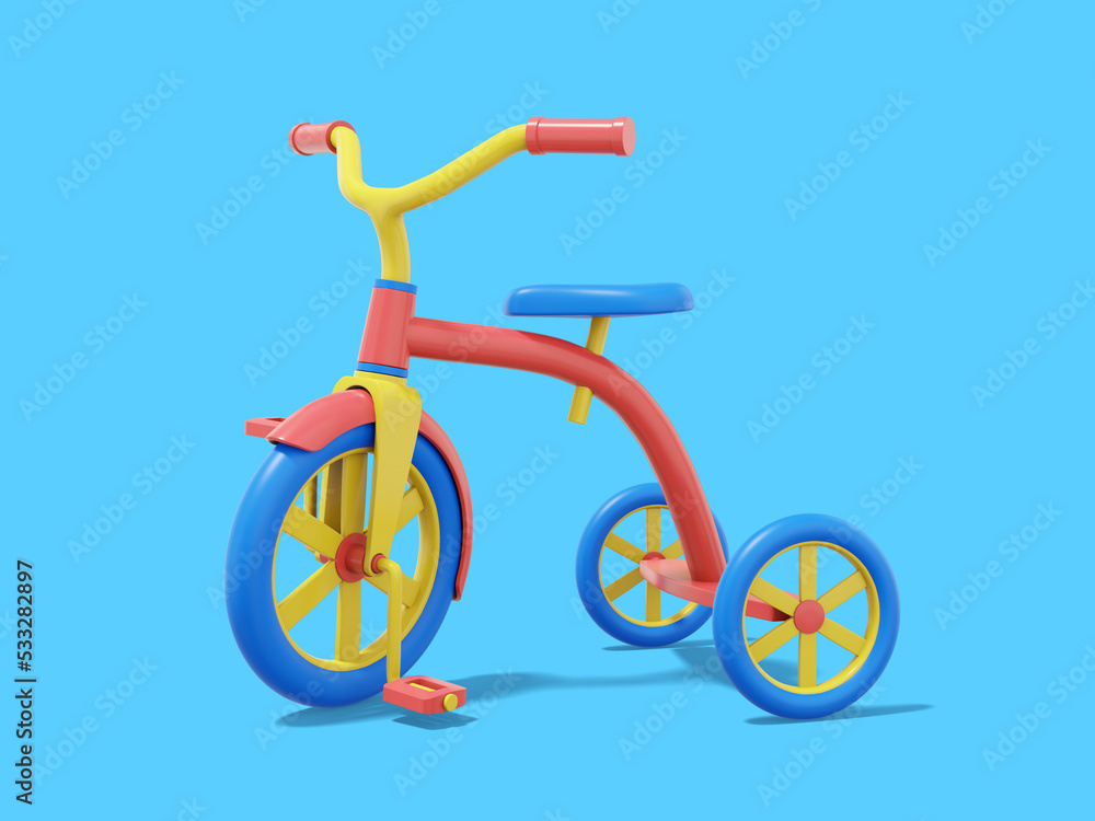 3d rendering. Multicolored tricycle on blue background. Vehicle. 3d rendering. Multicolored tricycle on blue background. Vehicle.