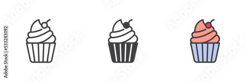 Cupcake with cherry different style icon set