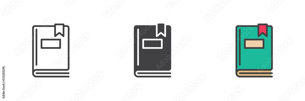 Book with bookmark different style icon set Book with bookmark different style icon set