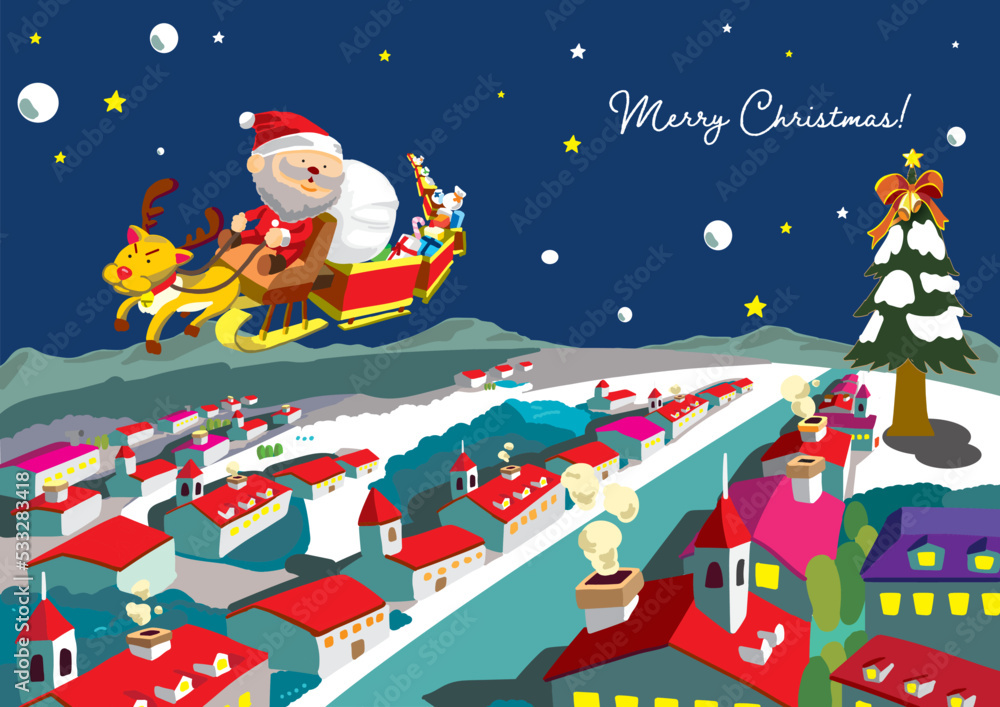 クリスマスのポストカード・雪景色のまちをそりにのって空をとぶサンタとトナカイのイラスト