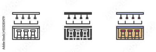Bar counter with chairs and light different style icon set