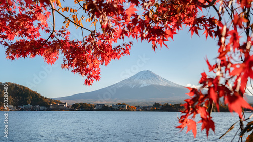 Mount Fuji and Lake kawaguchiko in autumn. It is a popular tourist destination.