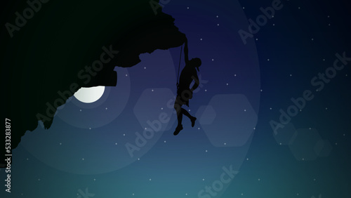 Extreme rock climber background. climber on a cliff with mountains as a background. Mountain climber walpaper for desktop. Silhouette of a rock climber. Rock climber.