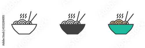 Noodles bowl with chopsticks different style icon set