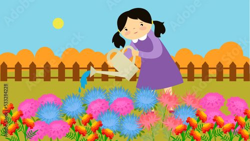 girl watering flowers in a flower bed