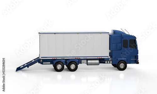 Logistic trailer truck or lorry with container opened on white background