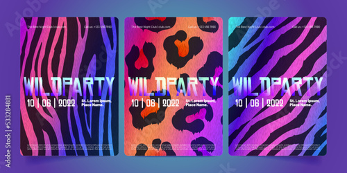 Wild party posters with holographic patterns of leopard, zebra and tiger skin. Invitation flyers with print of wild animals fur in neon colors on background, vector cartoon illustration
