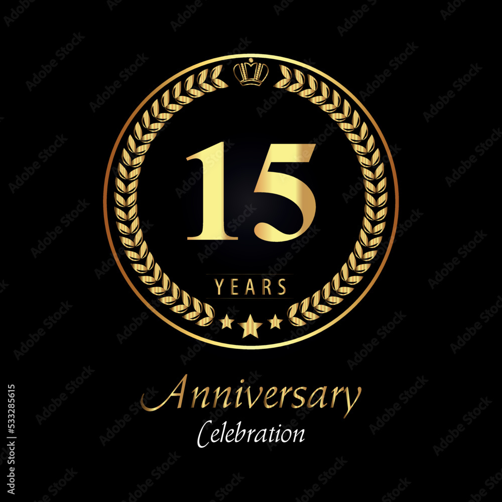 15th anniversary logo with golden laurel wreaths, gold crown, and gold star isolated on black background. Premium design for happy birthday, weddings, greetings card, poster, graduation, ceremony.