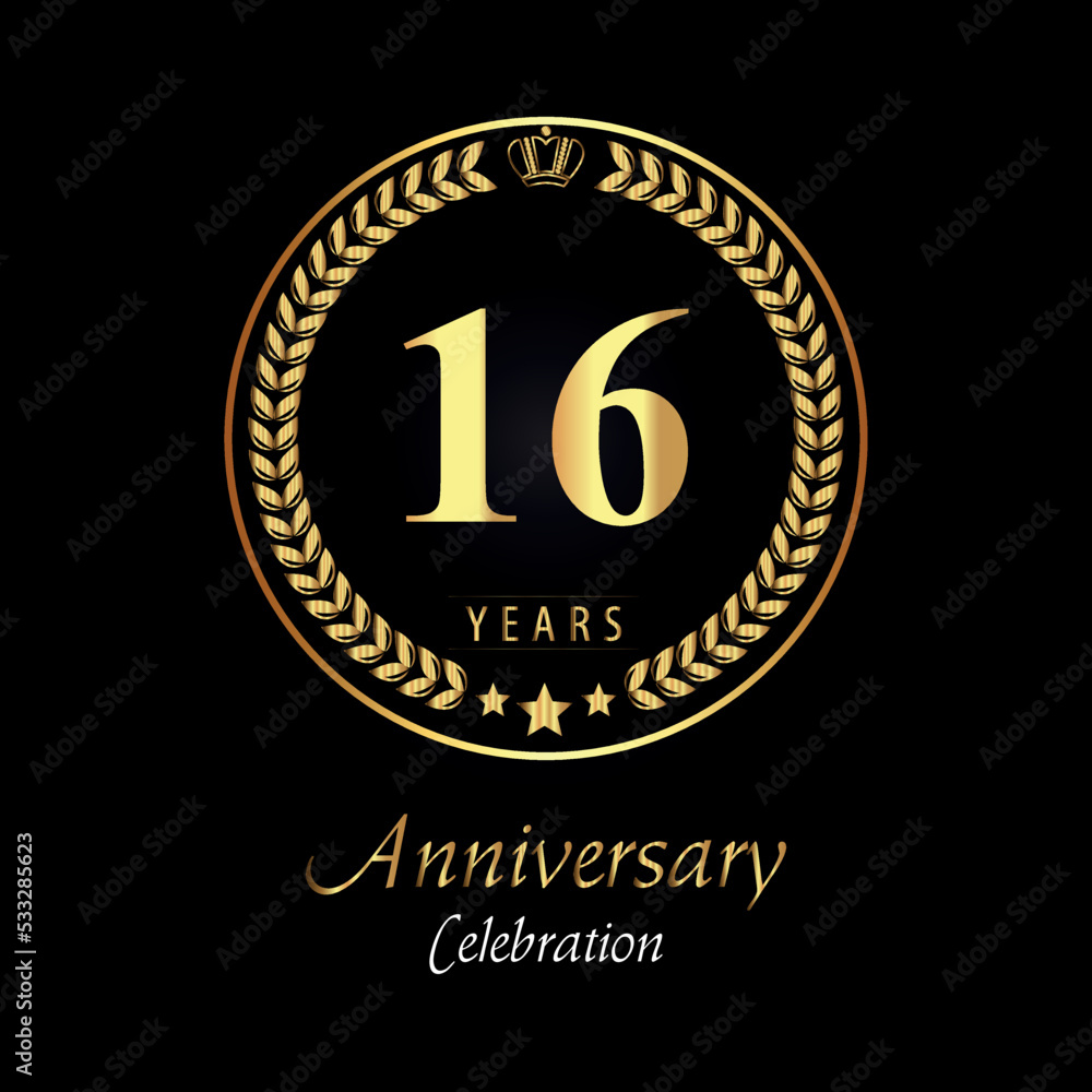 16th anniversary logo with golden laurel wreaths, gold crown, and gold star isolated on black background. Premium design for happy birthday, weddings, greetings card, poster, graduation, ceremony. 16th anniversary logo with golden laurel wreaths, gold crown, and gold star isolated on black background. Premium design for happy birthday, weddings, greetings card, poster, graduation, ceremony.
