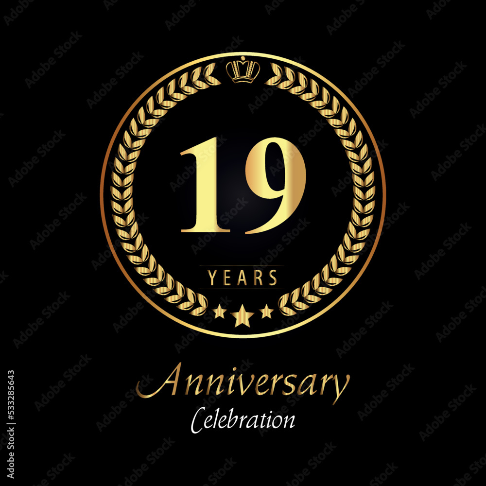 19th anniversary logo with golden laurel wreaths, gold crown, and gold star isolated on black background. Premium design for happy birthday, weddings, greetings card, poster, graduation, ceremony.