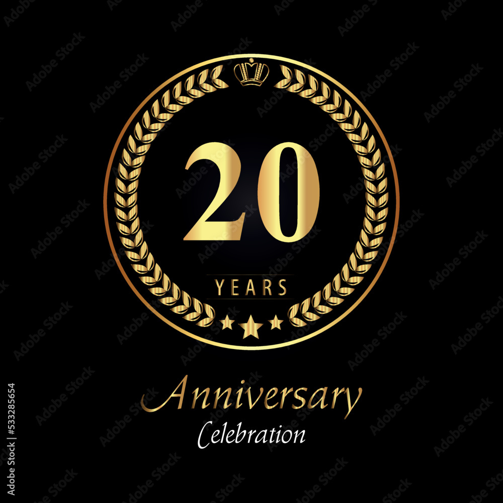 20th anniversary logo with golden laurel wreaths, gold crown, and gold star isolated on black background. Premium design for happy birthday, weddings, greetings card, poster, graduation, ceremony.