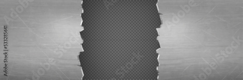 Metal rip hole, horizontal background, frame with ragged edges. Isolated industrial border, crack, cut damage on steel sheet, wall or plate, design element Realistic 3d vector illustration, clip art
