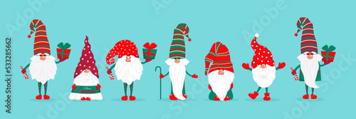 A large set of Christmas gnomes. Cute fairy tale characters with gifts and sweets. Vector illustration in flat style