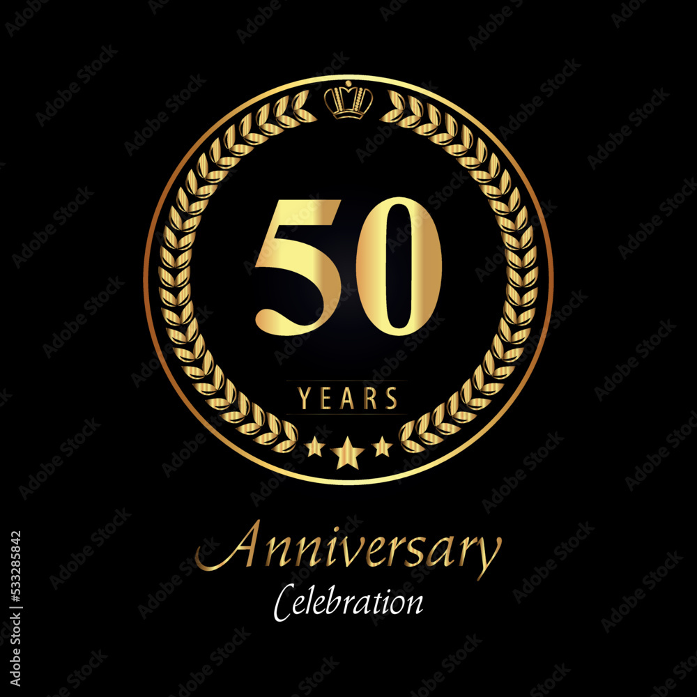 50th anniversary logo with golden laurel wreaths, gold crown, and gold star isolated on black background. Premium design for happy birthday, weddings, greetings card, poster, graduation, ceremony.