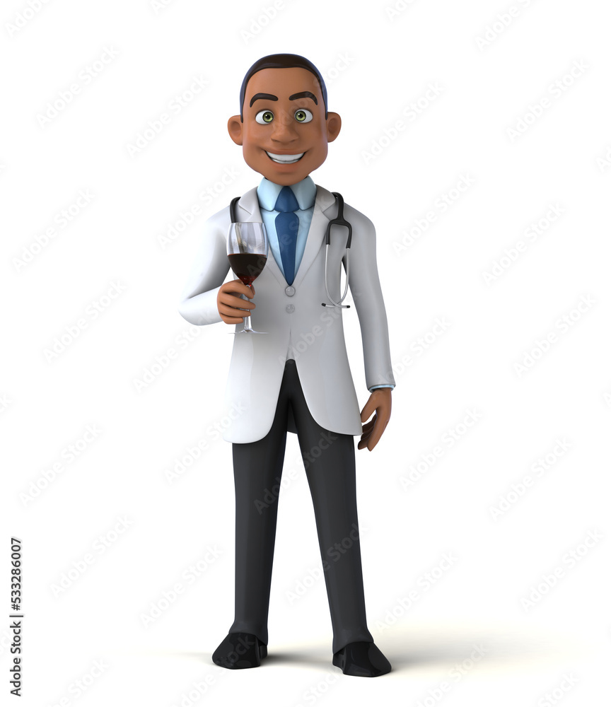 Fun 3D cartoon illustration of a doctor with a glass of wine Fun 3D cartoon illustration of a doctor with a glass of wine