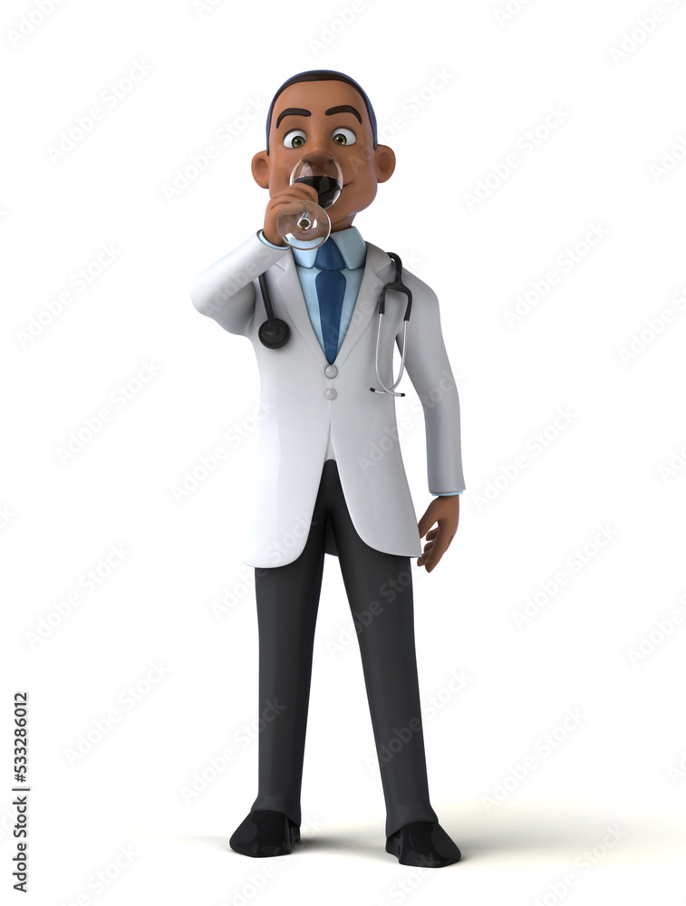 Fun 3D cartoon illustration of a doctor with a glass of wine Fun 3D cartoon illustration of a doctor with a glass of wine