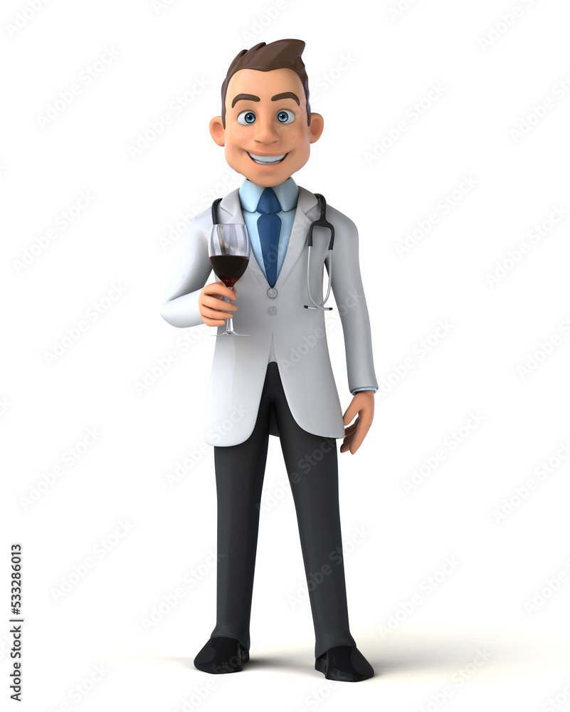 Fun 3D cartoon illustration of a doctor with a glass of wine Fun 3D cartoon illustration of a doctor with a glass of wine