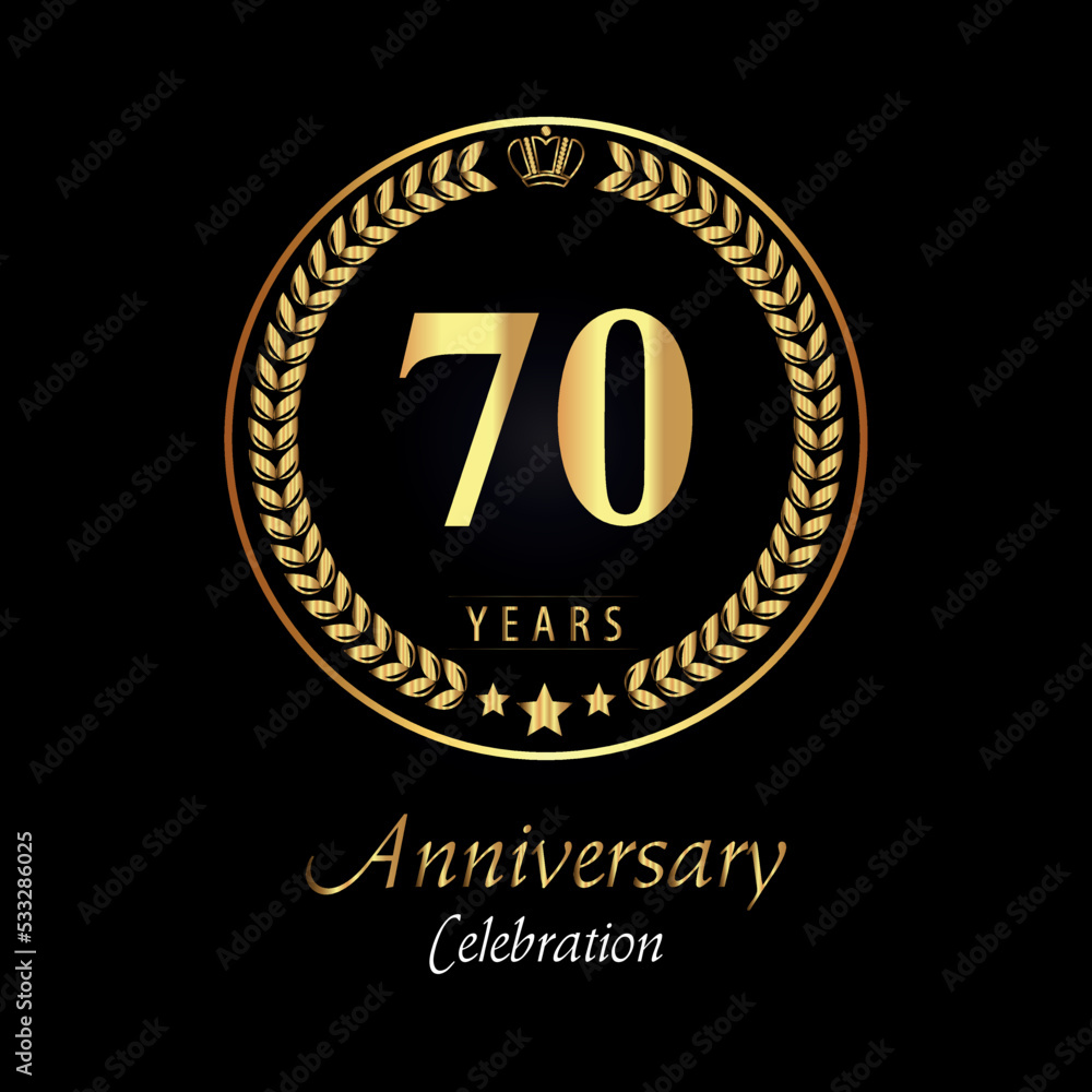 70th anniversary logo with golden laurel wreaths, gold crown, and gold star isolated on black background. Premium design for happy birthday, weddings, greetings card, poster, graduation, ceremony.