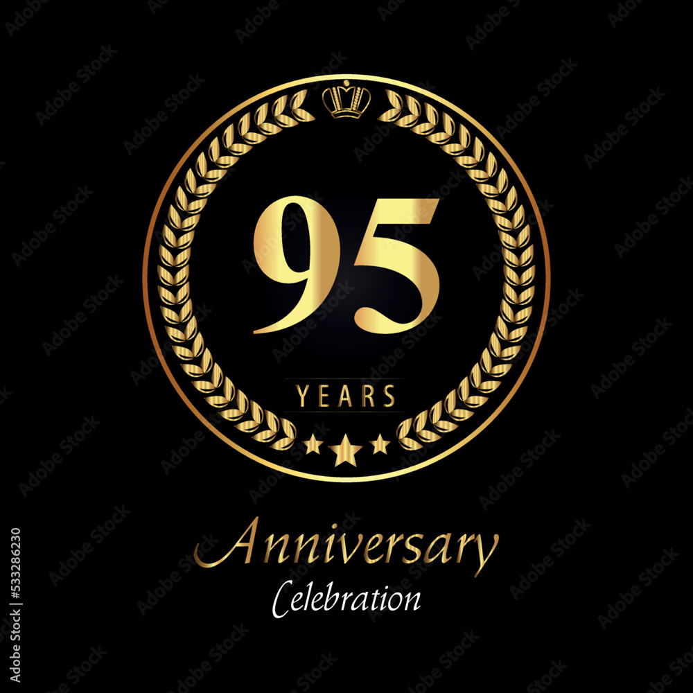 Fototapeta premium 95th anniversary logo with golden laurel wreaths, gold crown, and gold star isolated on black background. Premium design for happy birthday, weddings, greetings card, poster, graduation, ceremony.