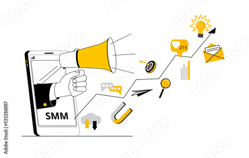 A mobile phone with a hand sticking out of it with a megaphone and an arrow with elements of social media marketing. Vector illustration on the topic of promotion in social networks.