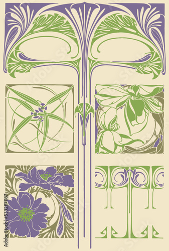 Vintage French Art Nouveau floral frames. Book cover design, invitation, label design, packaging, postcard and card template.