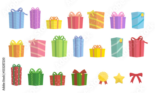 Vector illustration of gift boxes. Colorful present boxes with ribbons and bows. Christmas present.