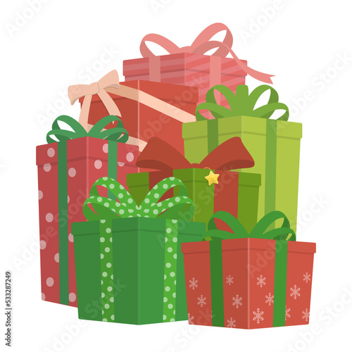Pile of Christmas and new year holiday gifts. Vector illustration of present boxes with ribbons and bows.