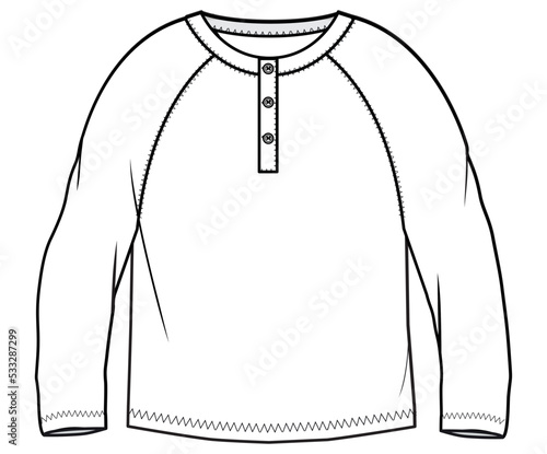 boys raglan sleeve henley neck t shirt technical drawing flat sketch vector illustration. cad mockup.