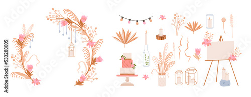 Wedding arch and decor in boho and hippie style. Dead trees and dried flowers. Wedding Ceremony Decoration