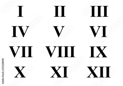 Set of roman numerals isolated on white background. Numbers from one to twelve. Set of roman numbers for watches isolated on a white background