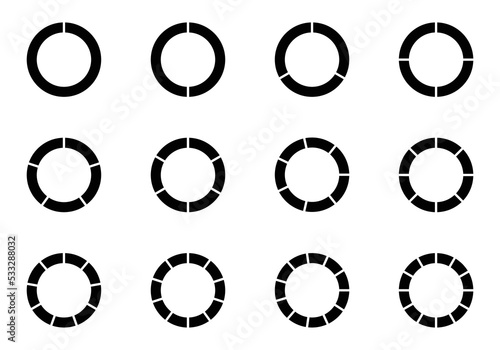 Pie charts diagrams. Set of different color circles isolated. Infographic element round shape. Circle segments set. Various number of sectors divide the circle on equal parts. Pie chart set. Diagram