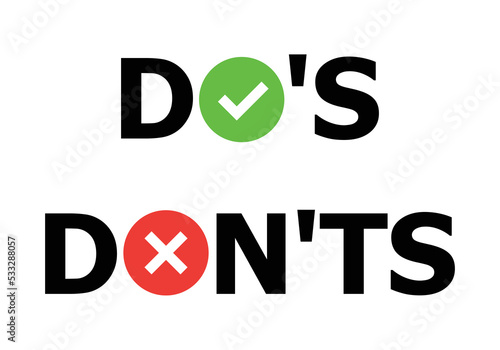 Check mark and cross vector icons. Vector Dos and  checklist symbols in circle. Creative vector illustration of green tick, red cross. Art design with text do and . Right or wrong. True or false.