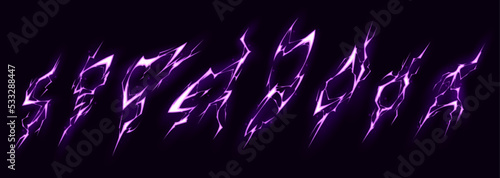 Lightning bolt hit into ground, vfx effect. Electric thunderbolt strike, impact, magical energy flash of purple color. Powerful electrical discharge isolated on black background, Cartoon vector set